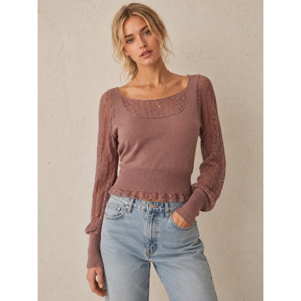 Free People Intimately Love Letter Lace Crochet Top Mauve Pink Square Neck M